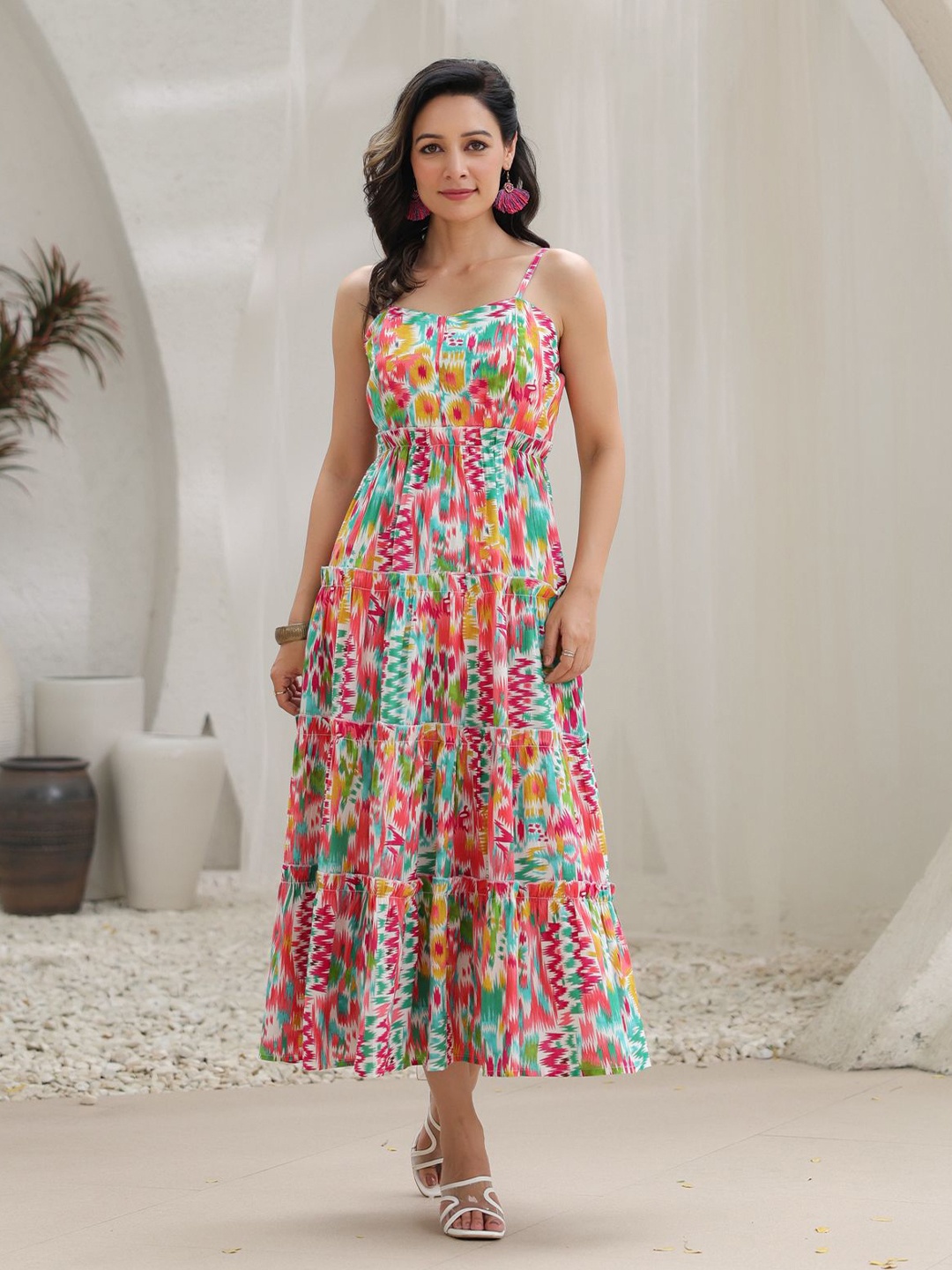 

Rain & Rainbow Printed Fit & Flared Midi Ethnic Dress, Pink