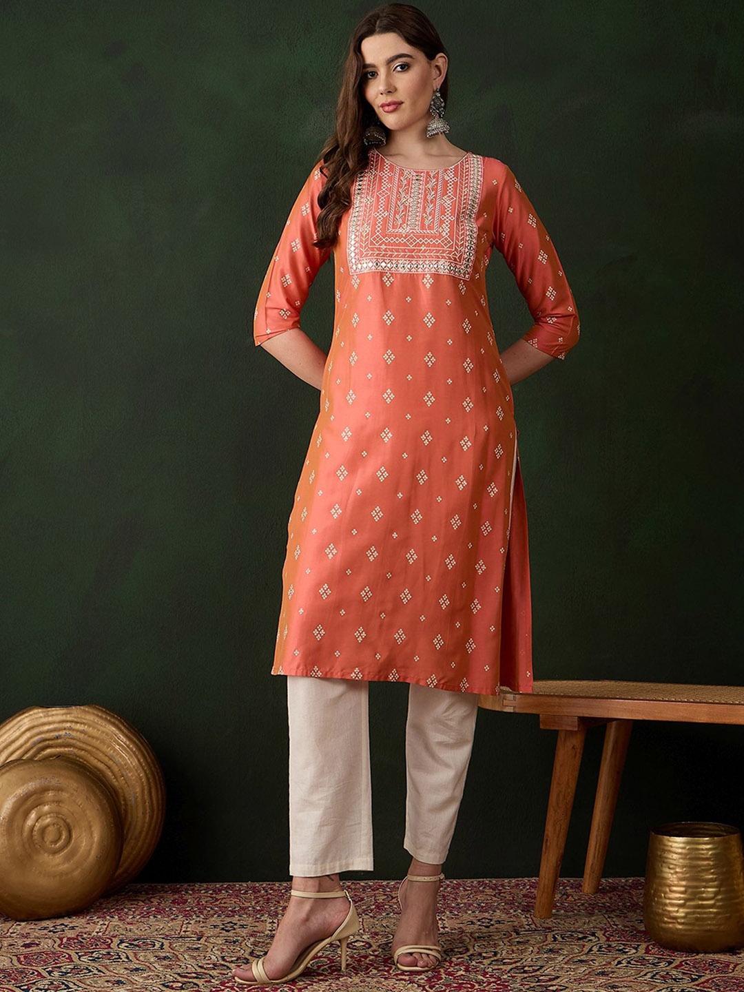 

Sangria Women Pure Cotton Mirror Work Yoke Design Kurtas, Peach