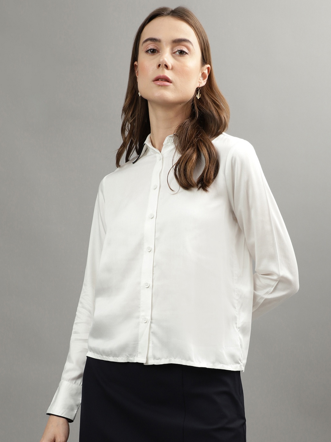 

Iconic Women Spread Collar Solid Casual Shirt, White