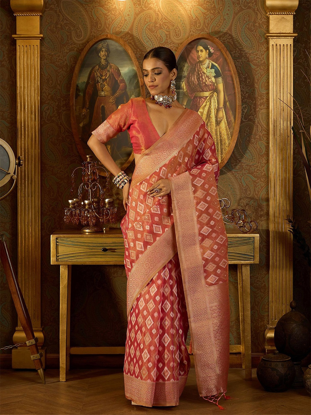 

Sangria Woven Design Banarasi Saree With Blouse Piece, Pink