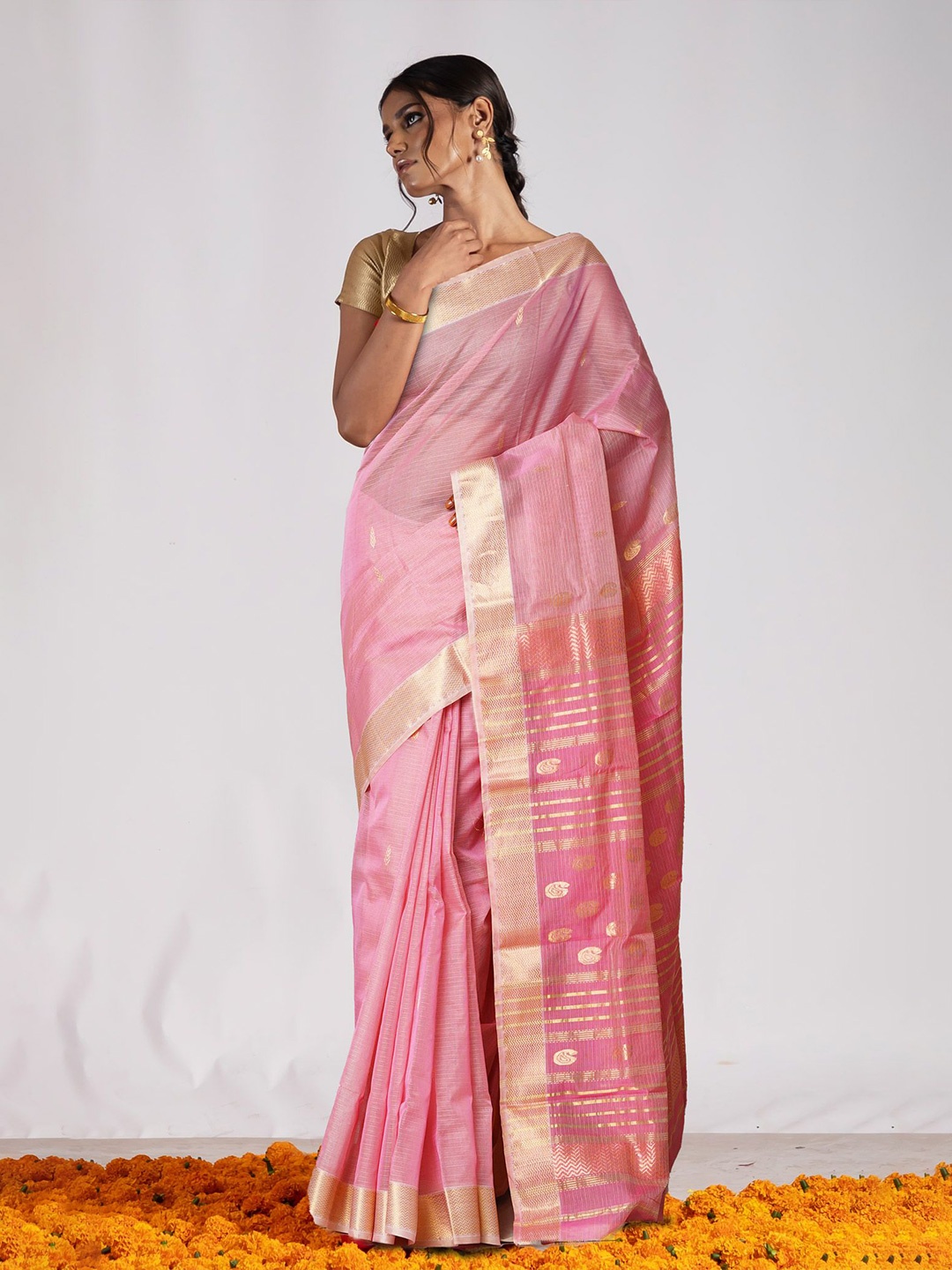 

Unnati Silks Silk Cotton Handloom Maheshwari Saree, Pink