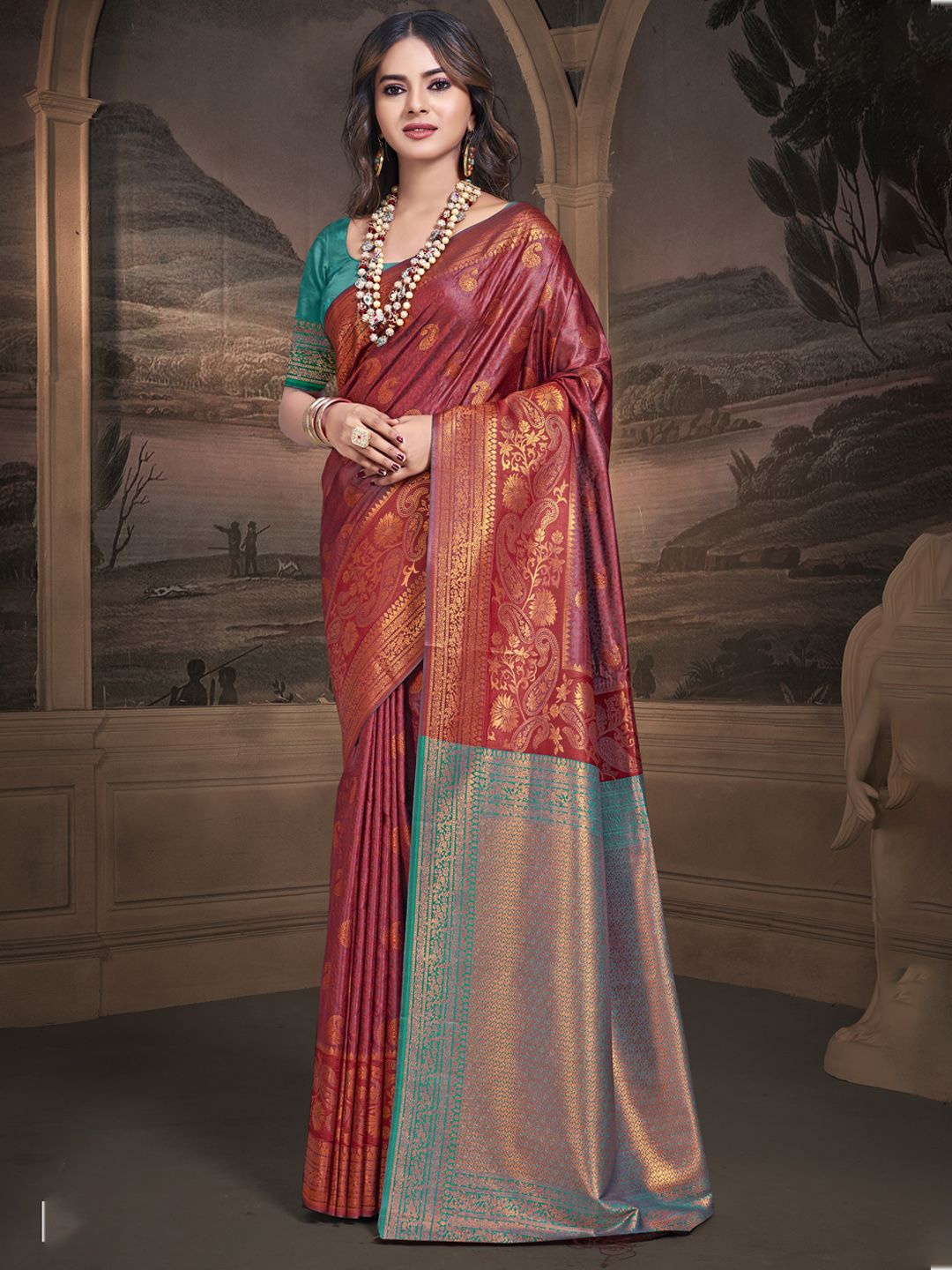 

SANGAM PRINTS Woven Design Zari Silk Blend Tussar Saree, Maroon