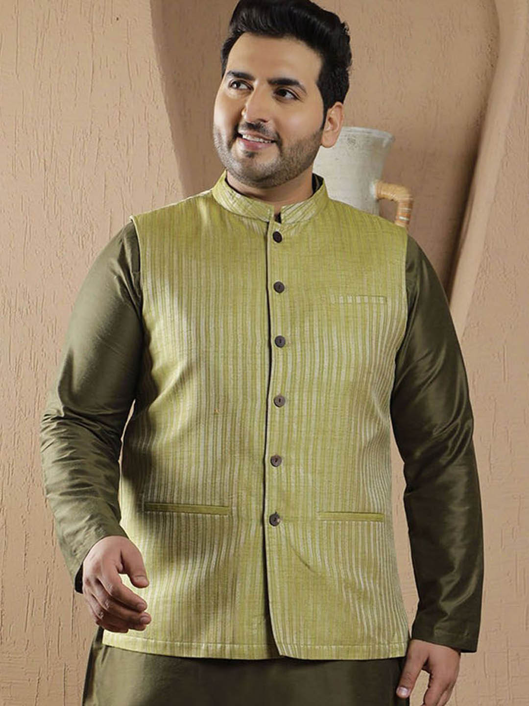 

Sztori Woven Design Nehru Jacket, Olive