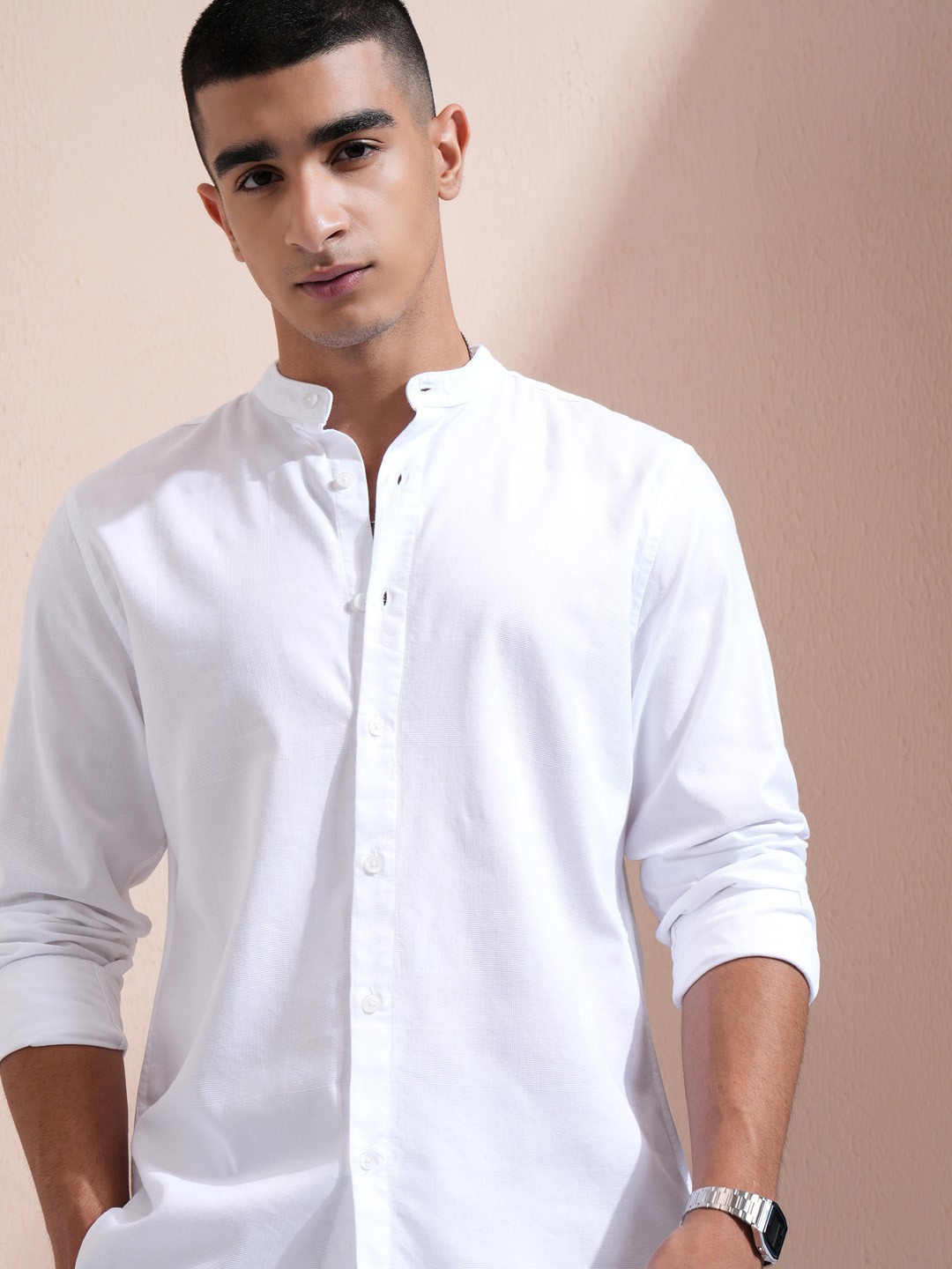 

Highlander Men Dobby Textured Solid Mandarin Collar Shirt, White