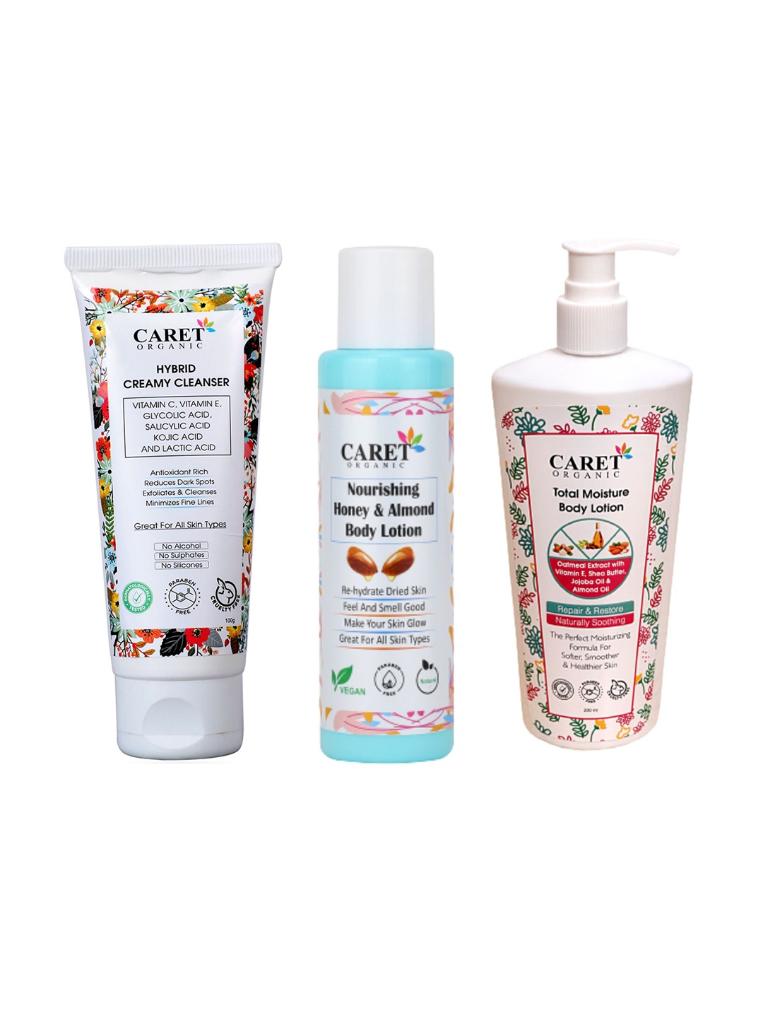 

CARET ORGANIC Hybrid Cream Cleanser, Almond Body Lotion & Total Moisture Body Lotion, White