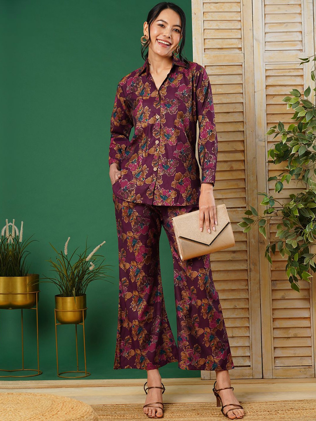 

CARTYSHOP Women Printed Pure Cotton Shirt With Trouser Co-Ords, Maroon