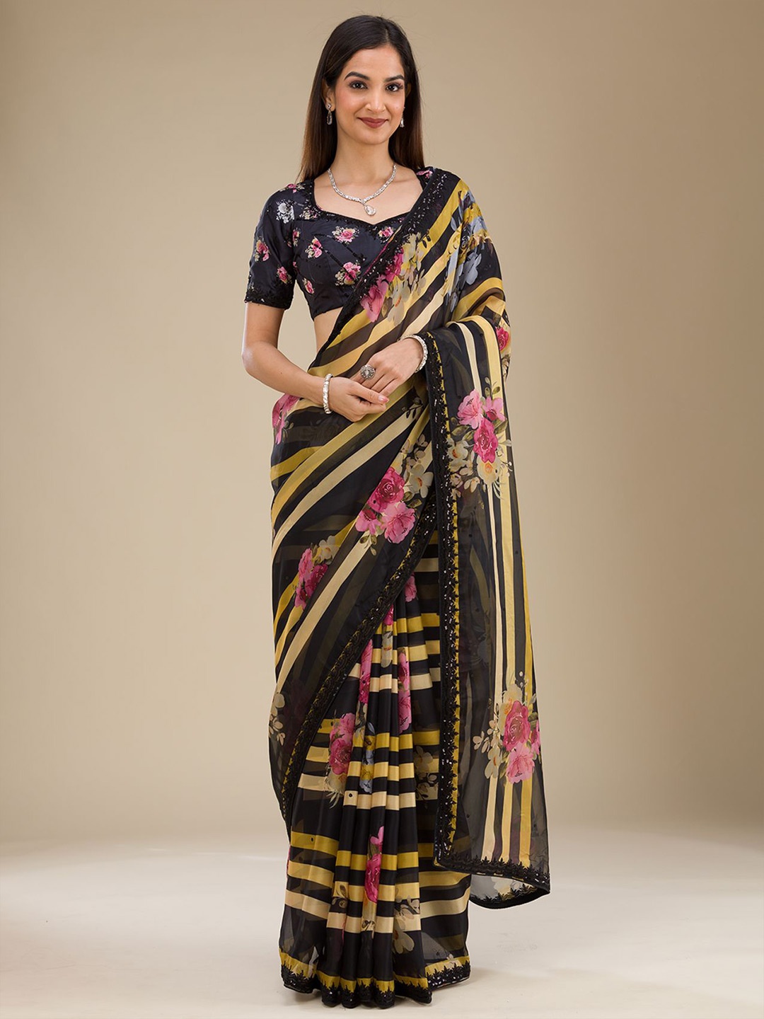 

Koskii Floral Beads and Stones Poly Georgette Saree, Black