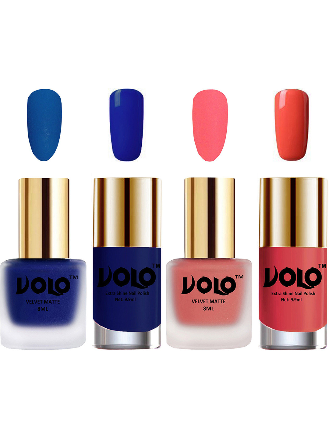 

VOLO Set Of 4 Velvet Matte & Extra Shine Nail Polish -8 ml&9.9 ml Each -19-41-66-49, Blue