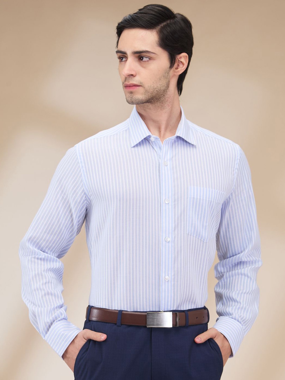 

Park Avenue Men Spread Collar Vertical Striped Cotton Formal Shirt, Blue