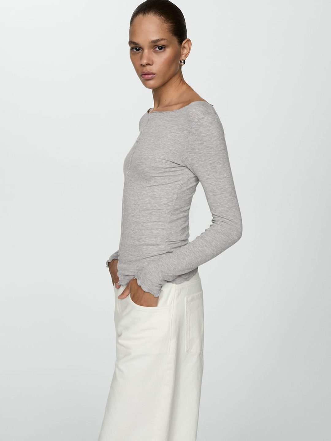 

MANGO Boat Neck Long Sleeve T-shirt, Grey melange