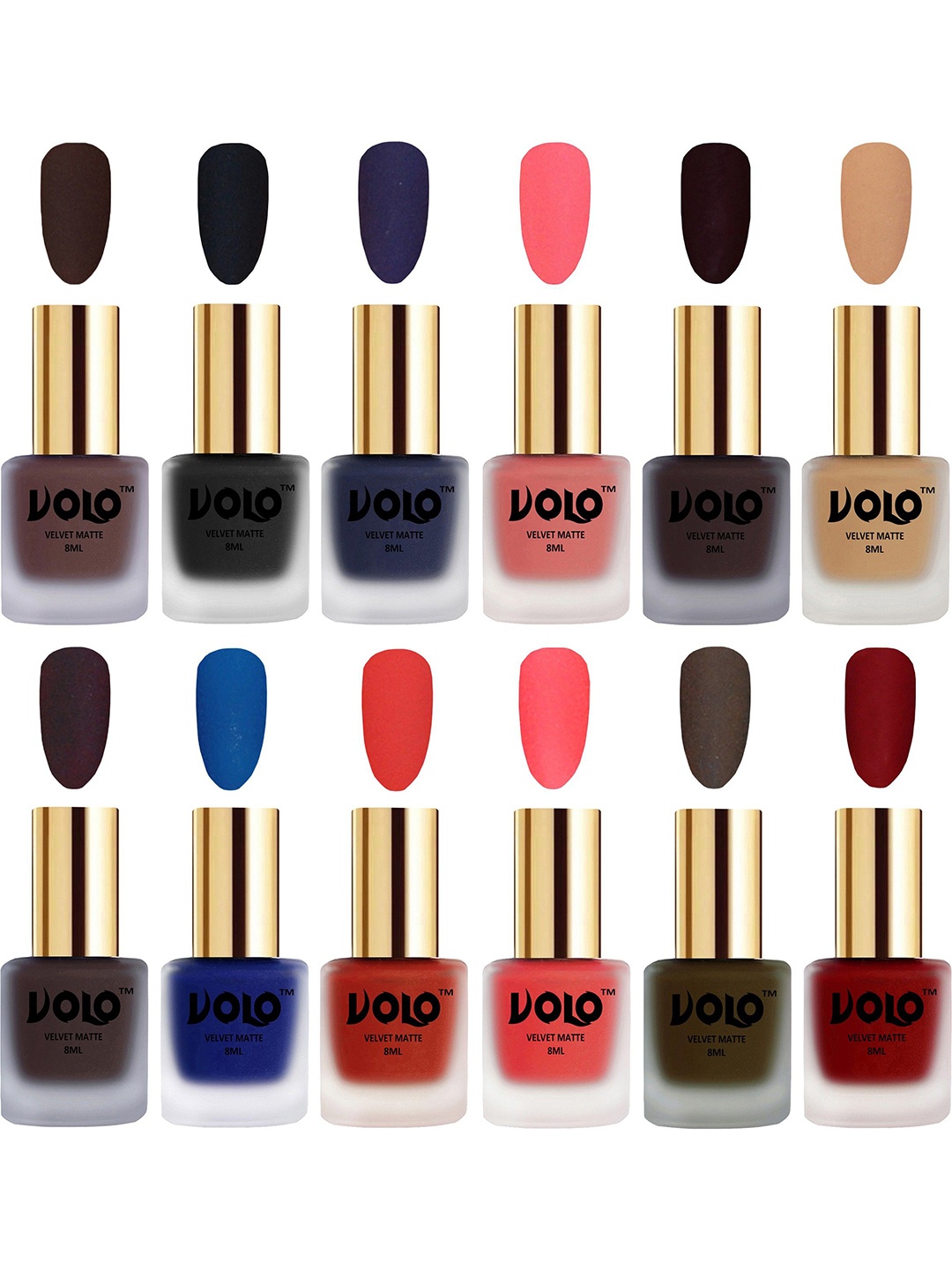 

VOLO Set Of 12 Velvet Matte Nail Polish - 8 ml Each -Olive-Blue-Black-Brown-Peach-Nude, Coral