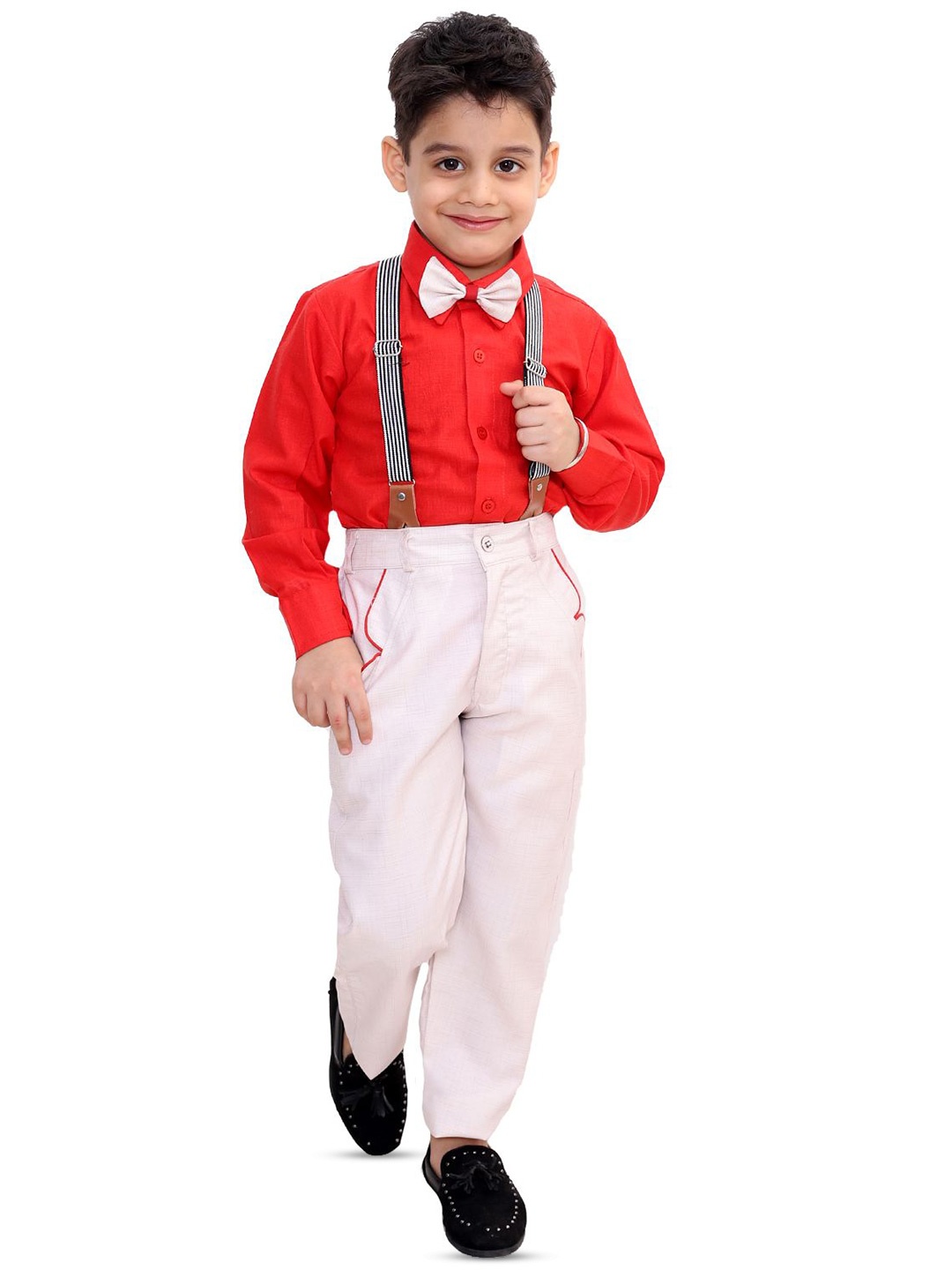 

BAESD Boys Solid Shirt With Trousers Suspender & Bow Clothing Set, Red