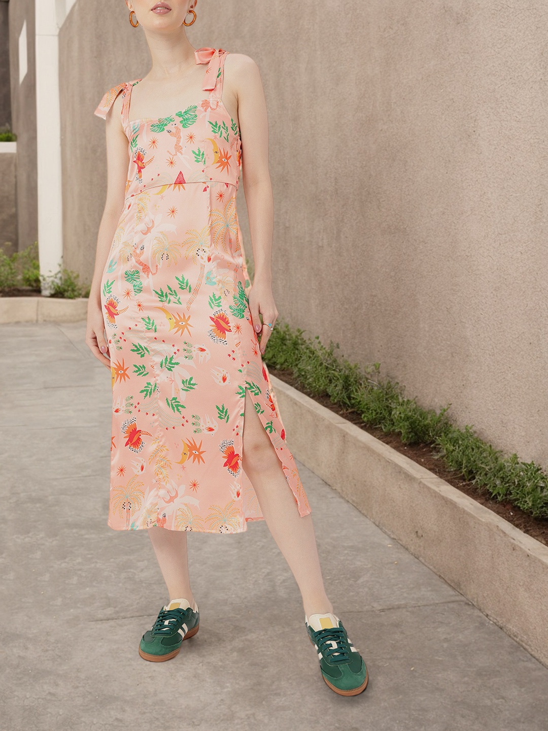 

DressBerry Enduring Chic Satin Finish Printed Side Slit A-Line Midi Dress, Peach