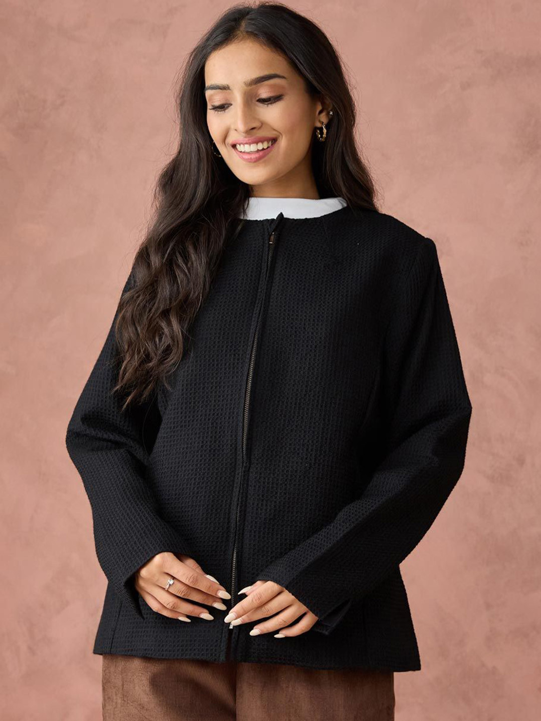 

Fabindia Women Woollen Collarless Regular Fit Bomber Jacket, Black
