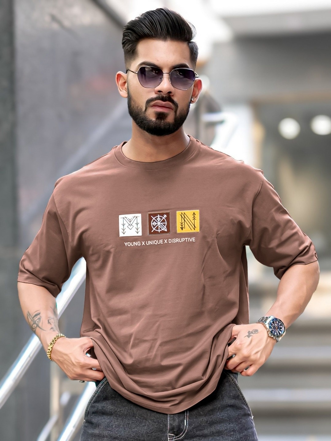 

Maniac Men Typography Printed Round Neck Cotton Oversized T-shirt, Brown