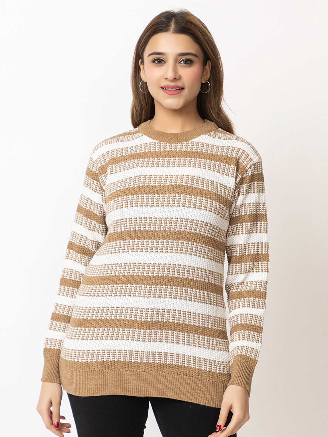 

LEZA Women Striped Pullover, Brown