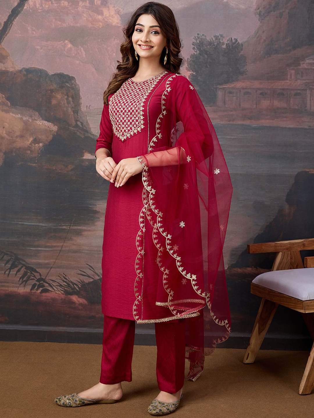 

House of Pataudi Women Embroidered Kurta & Trouser With Dupatta, Pink