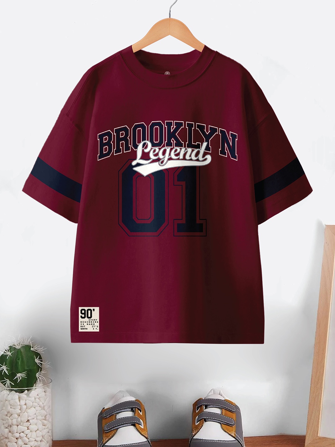 

BAESD Boys Varsity Printed Round Neck Pure Cotton Oversized T-shirt, Maroon