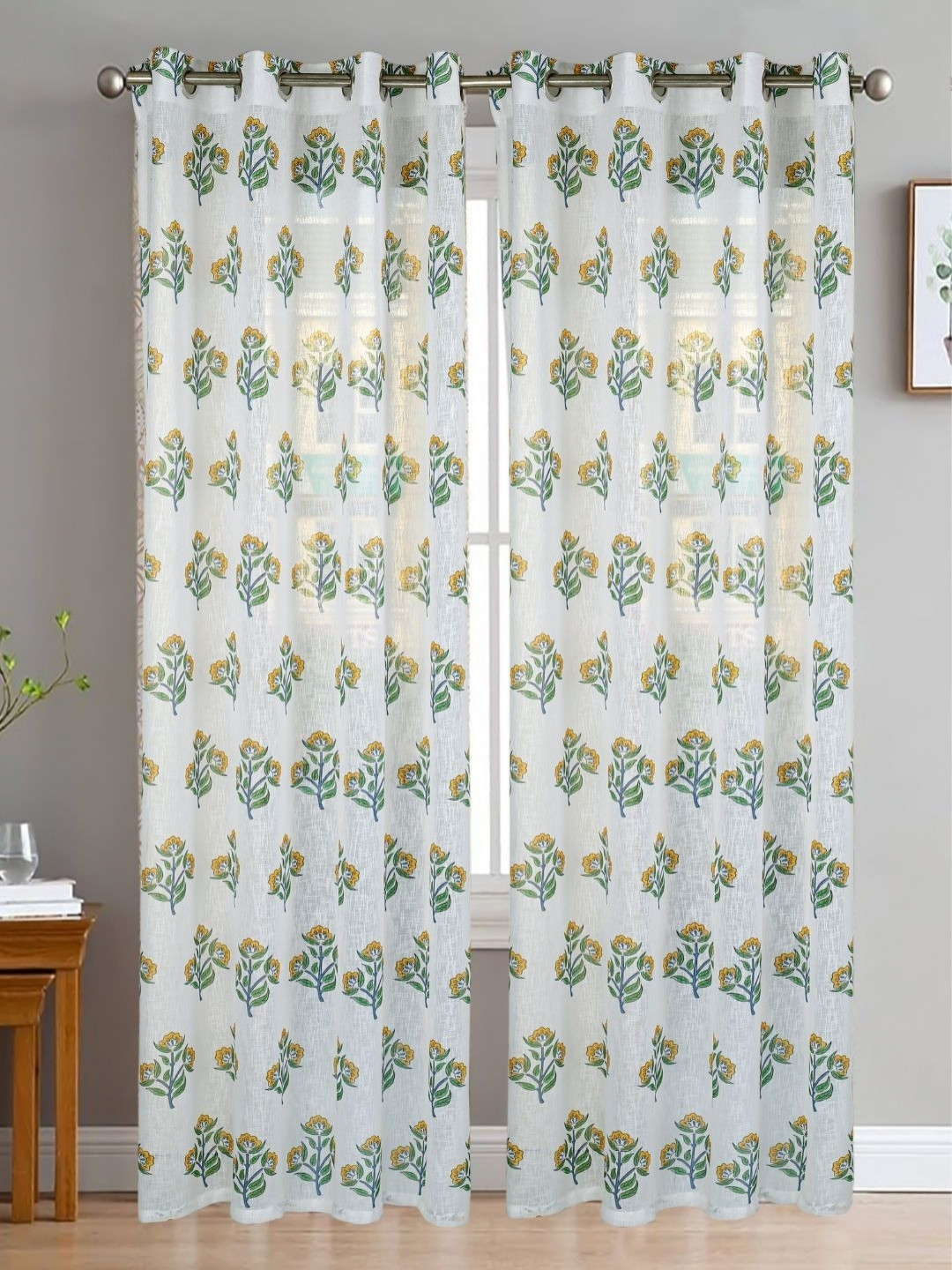 

HOMADORN White & Green 2 Pieces Floral Sheer Door Curtain