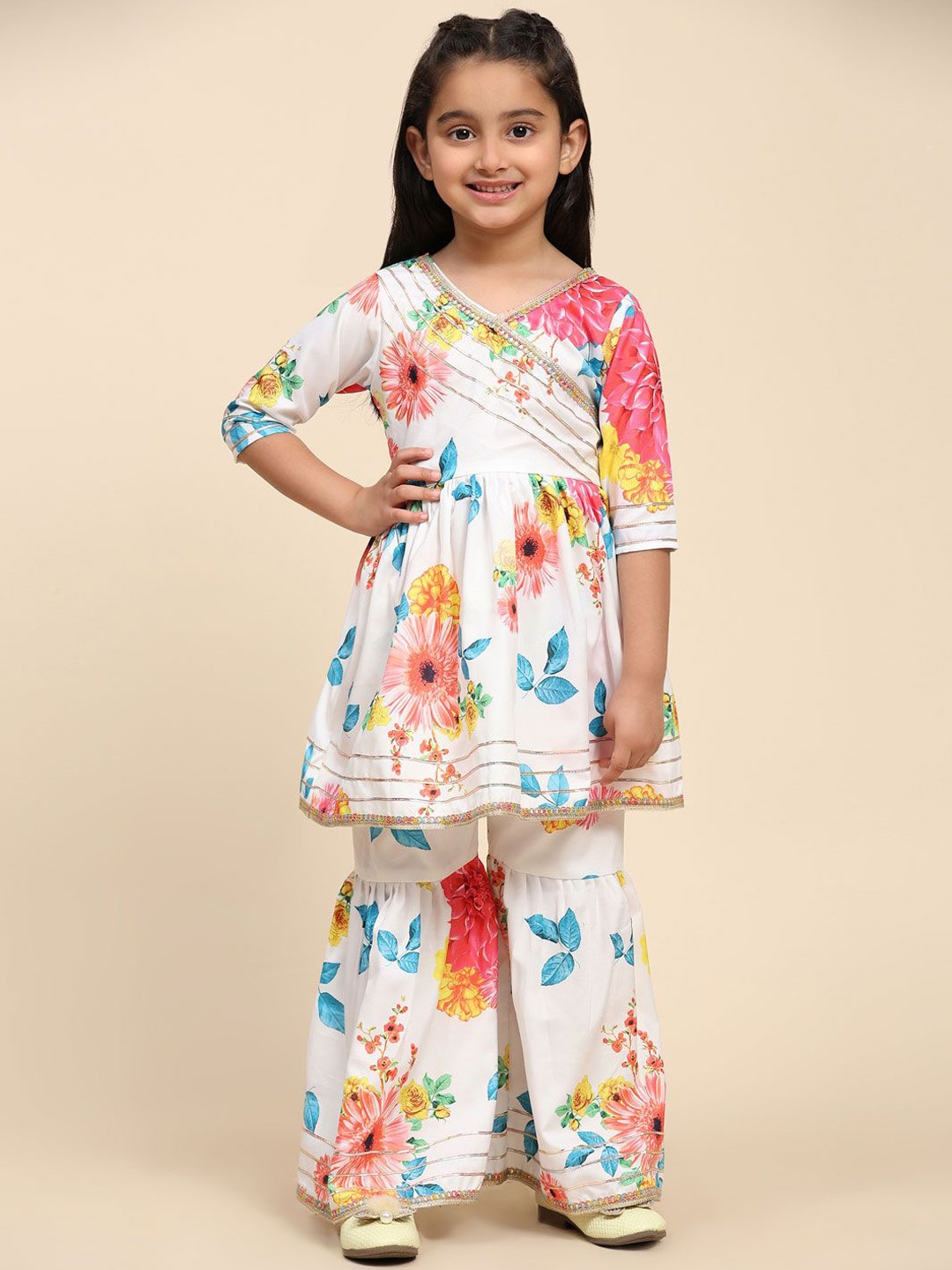 

SHIJILA Girls Floral Printed Empire Gotta Patti Kurta with Sharara, White