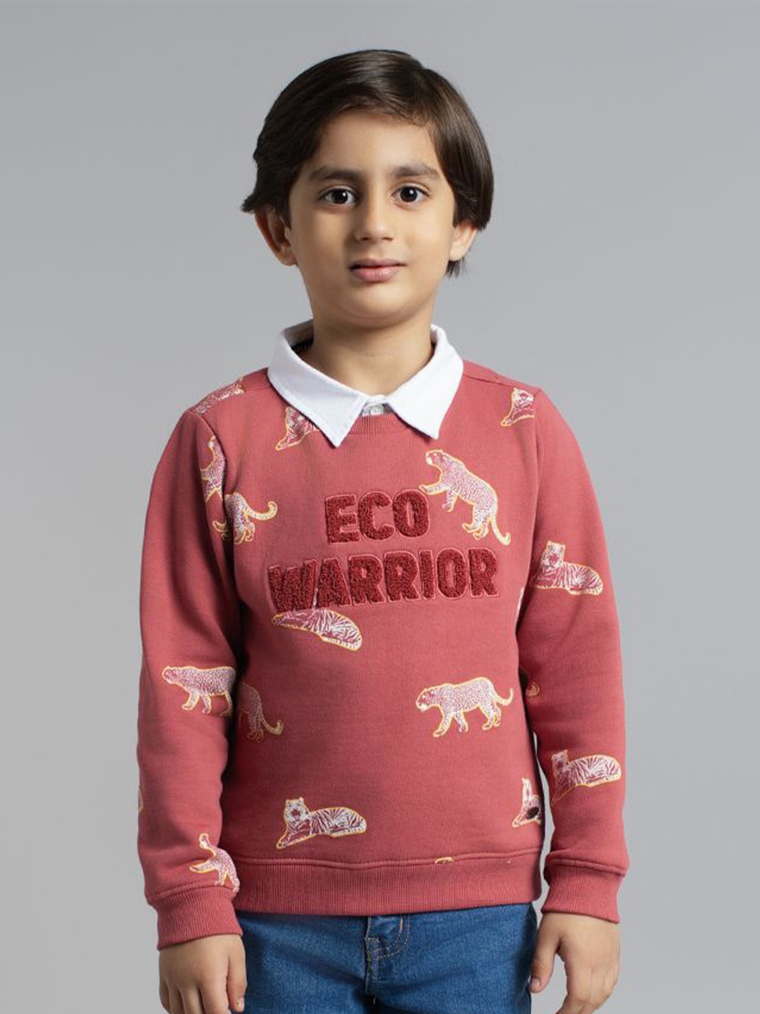 

Ed-a-Mamma Boys Animal Graphic Printed Round Neck Cotton Sweatshirt With Collar, Rust