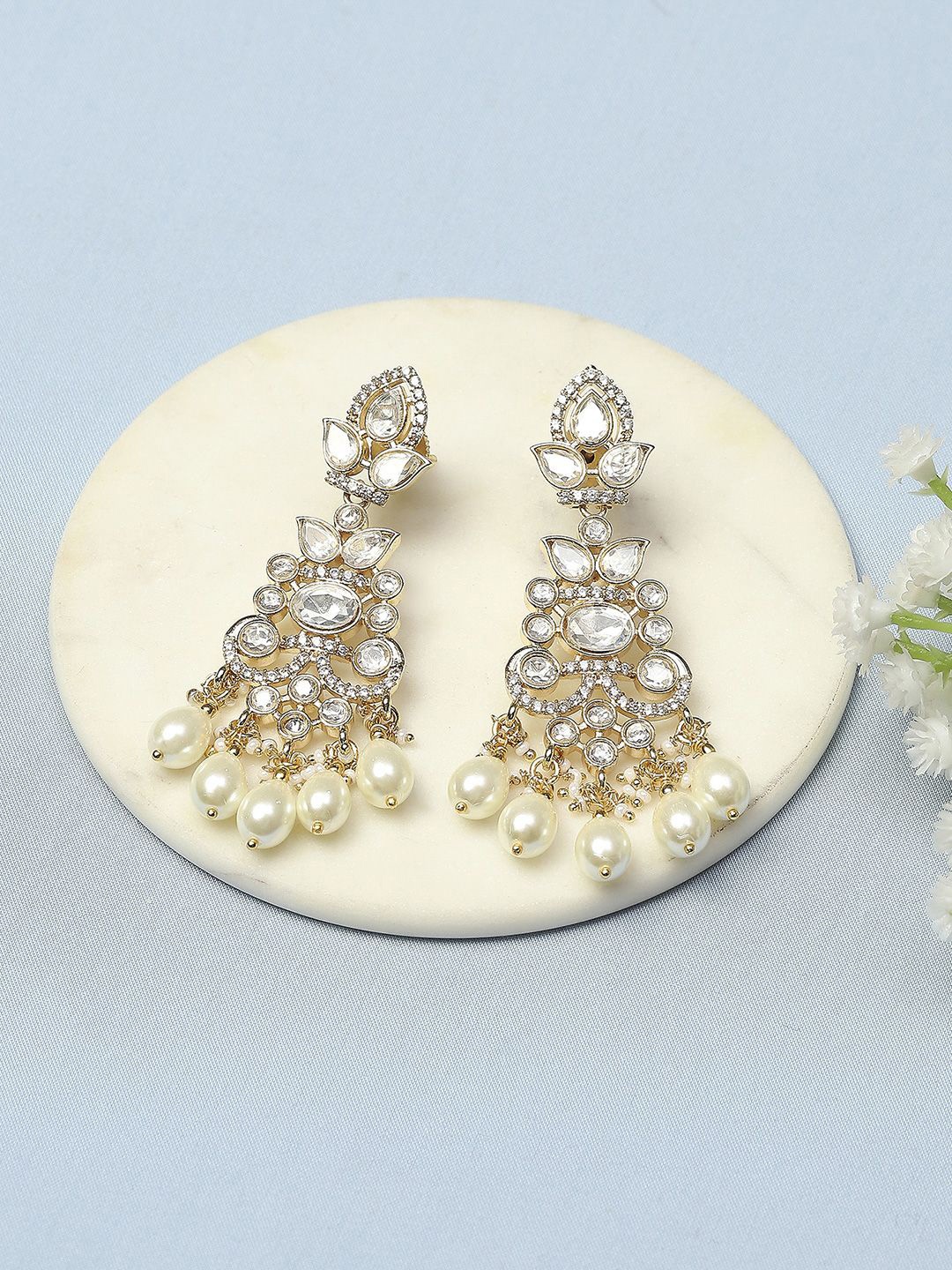 

Biba Gold-Plated Stone Studded & Beaded Contemporary Drop Earrings