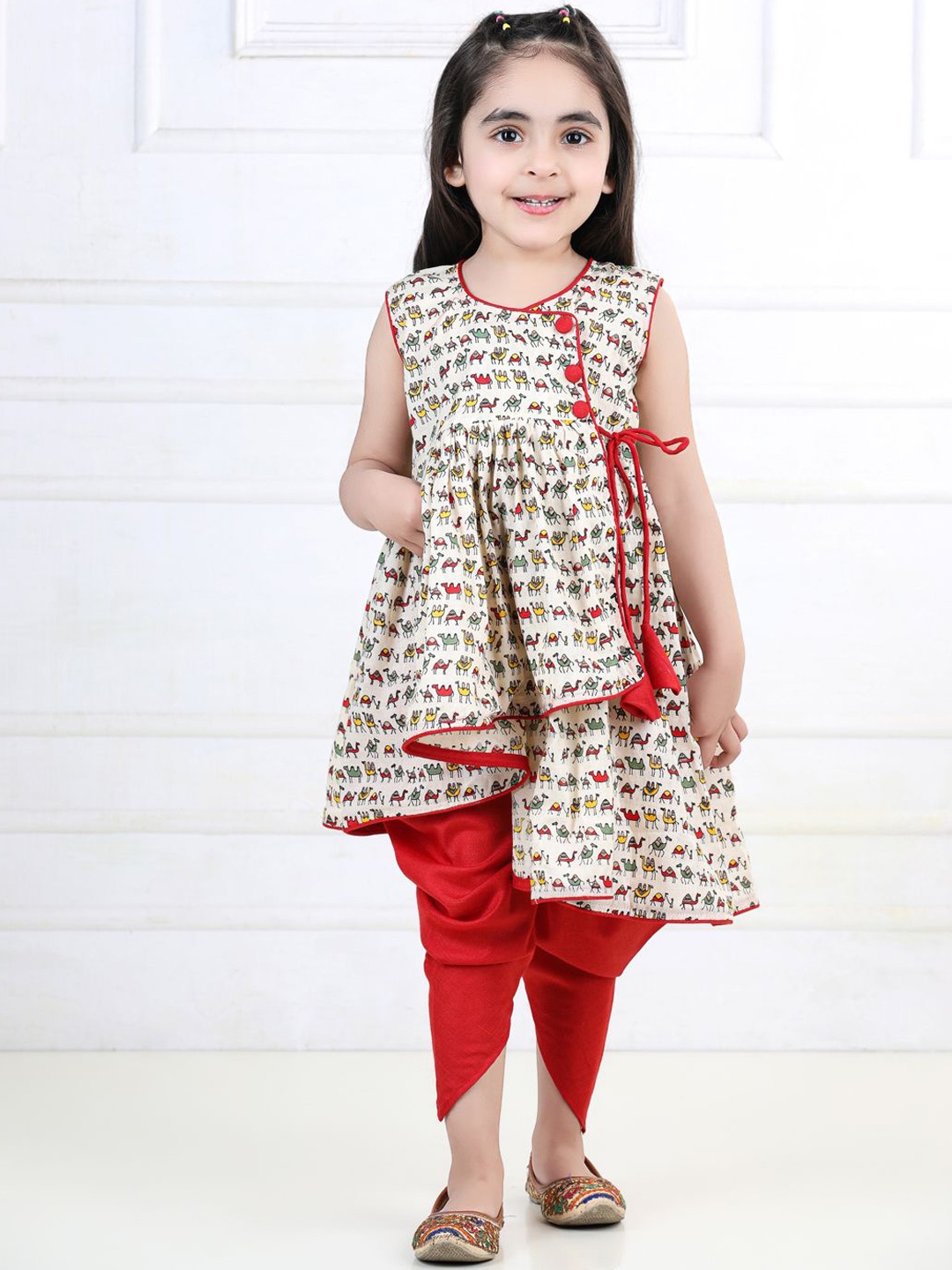 

Here&Now X Kinder Kids Girls Animal Printed Angrakha Pure Cotton Kurta with Dhoti Pant, Red