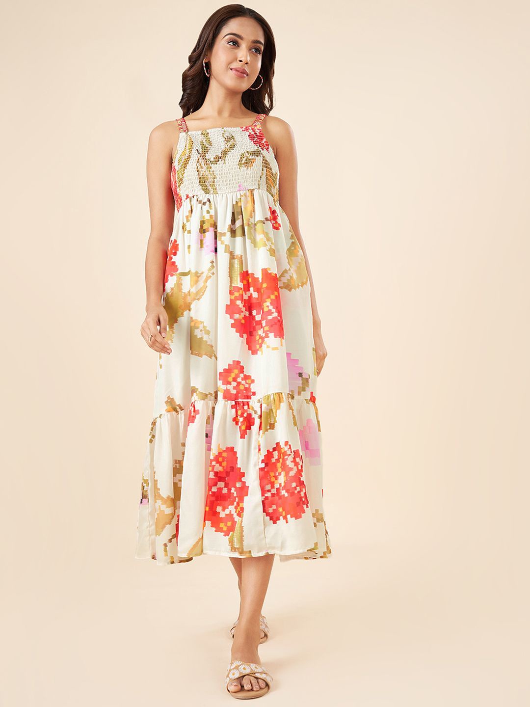 

AKKRITI BY PANTALOONS Women Floral Print Fit & Flare Midi Dress, Red