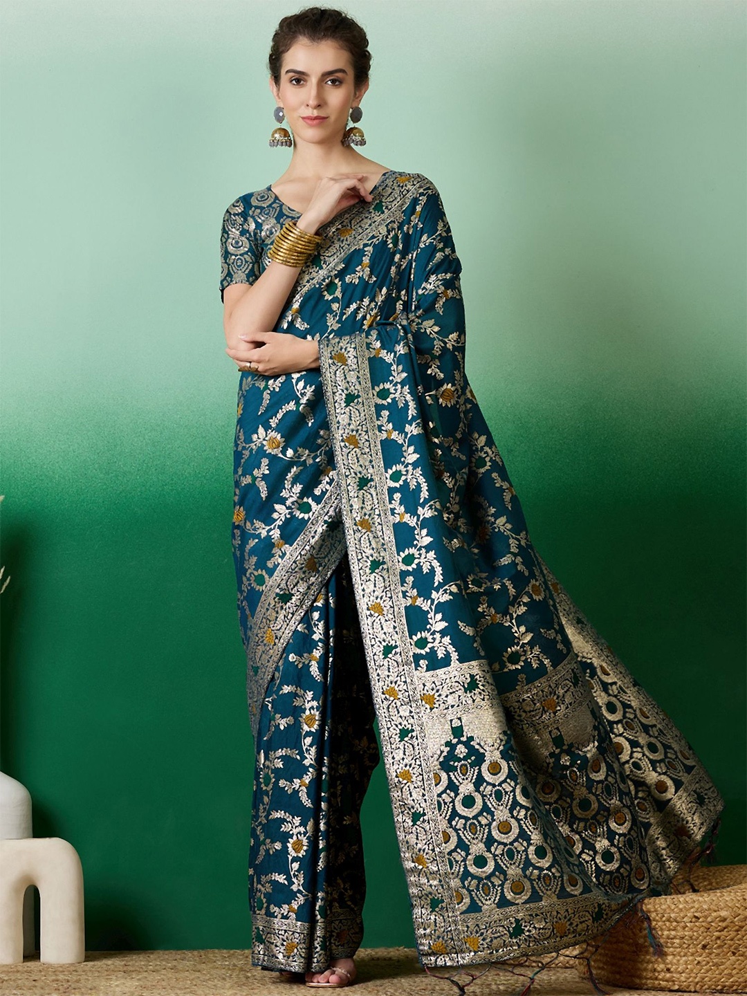 

Maroosh Zari Silk Blend Fusion Banarasi Saree, Teal