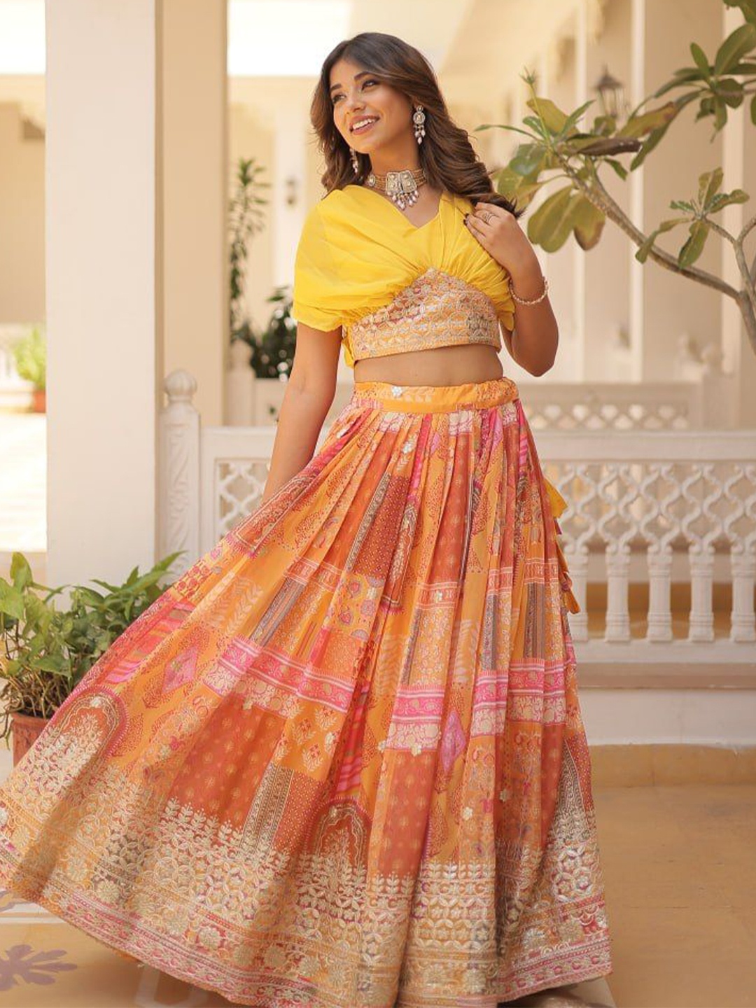 

Fusionic Embellished Ready to Wear Lehenga &, Yellow
