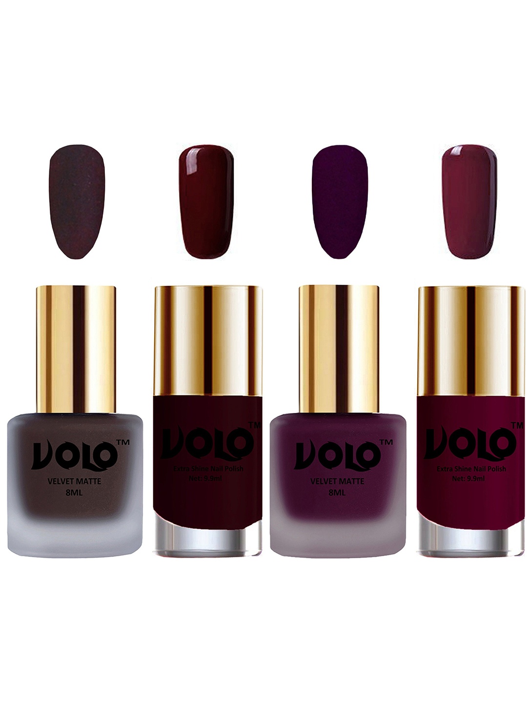 

VOLO Set Of 4 Velvet Matte & Extra Shine Nail Polish - 8 ml Each - 29- 46 - 44 - 34, Multi
