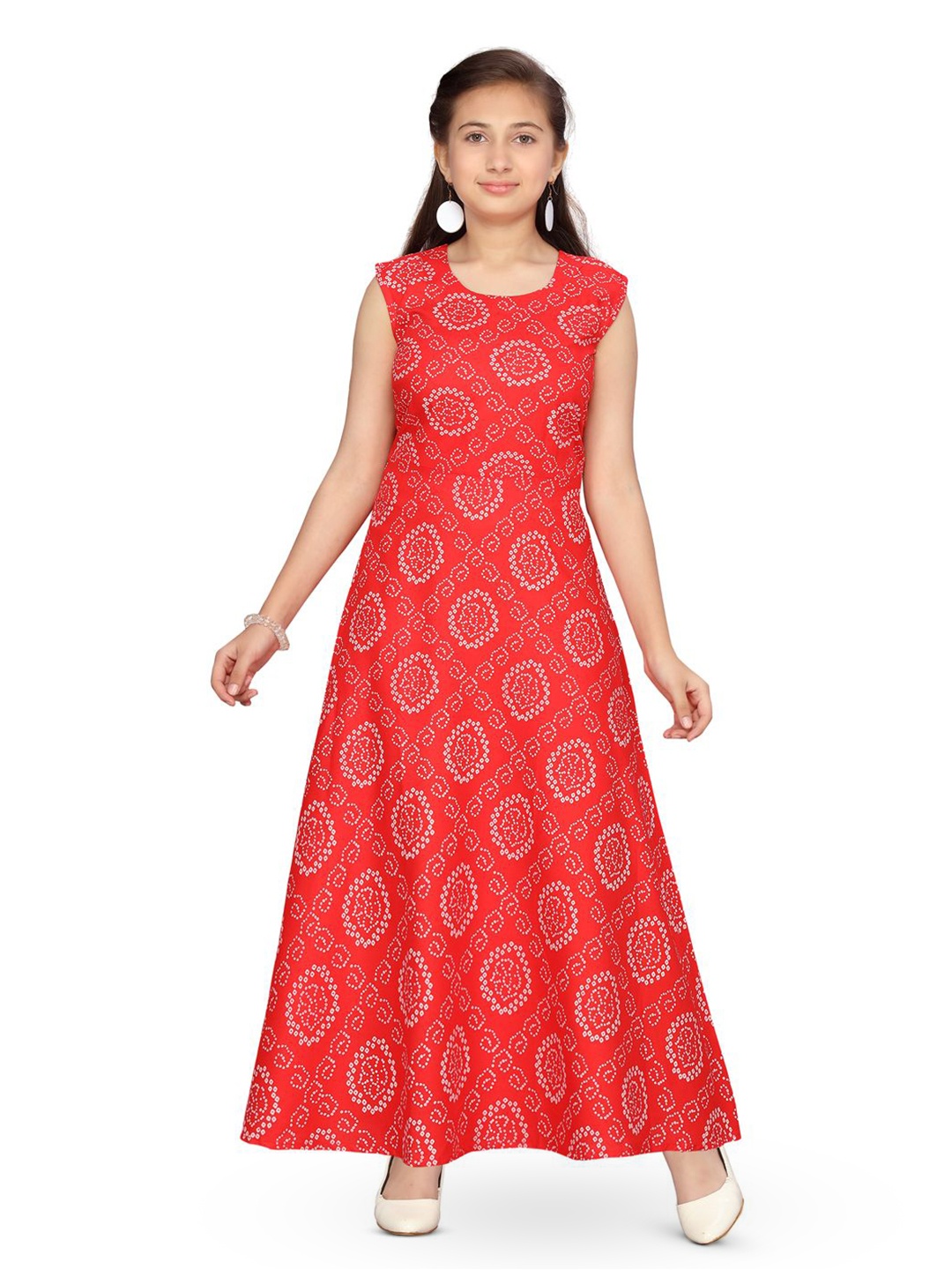 

BAESD Girls Cotton Round Neck Ethnic Motifs Maxi Dress, Red