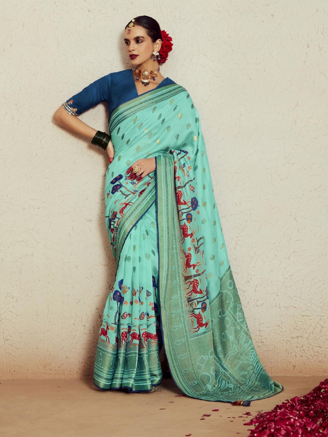 

KALINDI Ethnic Motifs Zari Brasso Paithani Saree, Blue