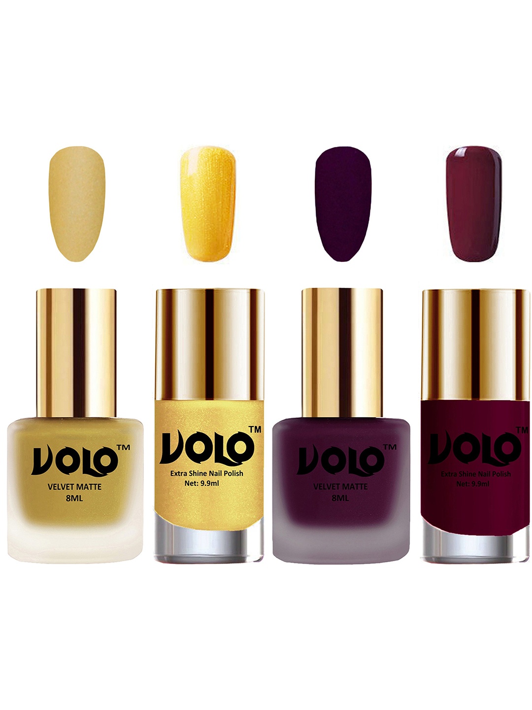 

VOLO Set Of 4 Velvet Matte & Extra Shine Nail Polish-8 ml & 9.9 ml Each Shade 32-46-59-34, Gold