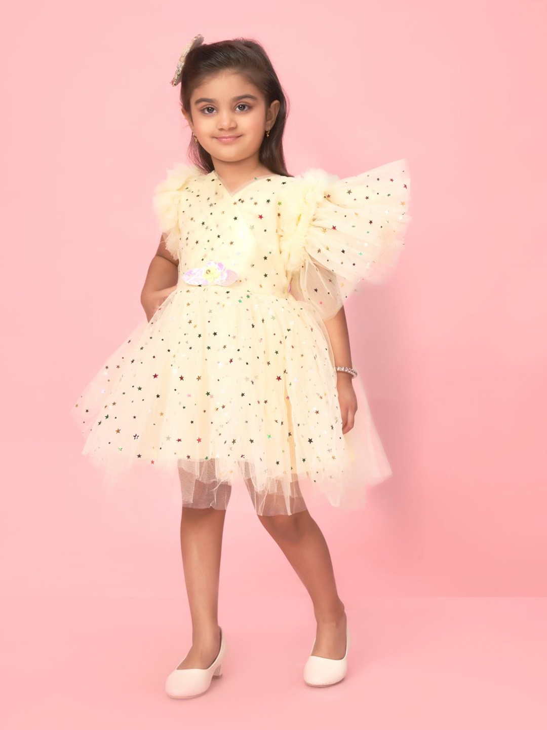 

BAESD Polka Dot Printed Flutter Sleeve Net Fit & Flare Dress, Green