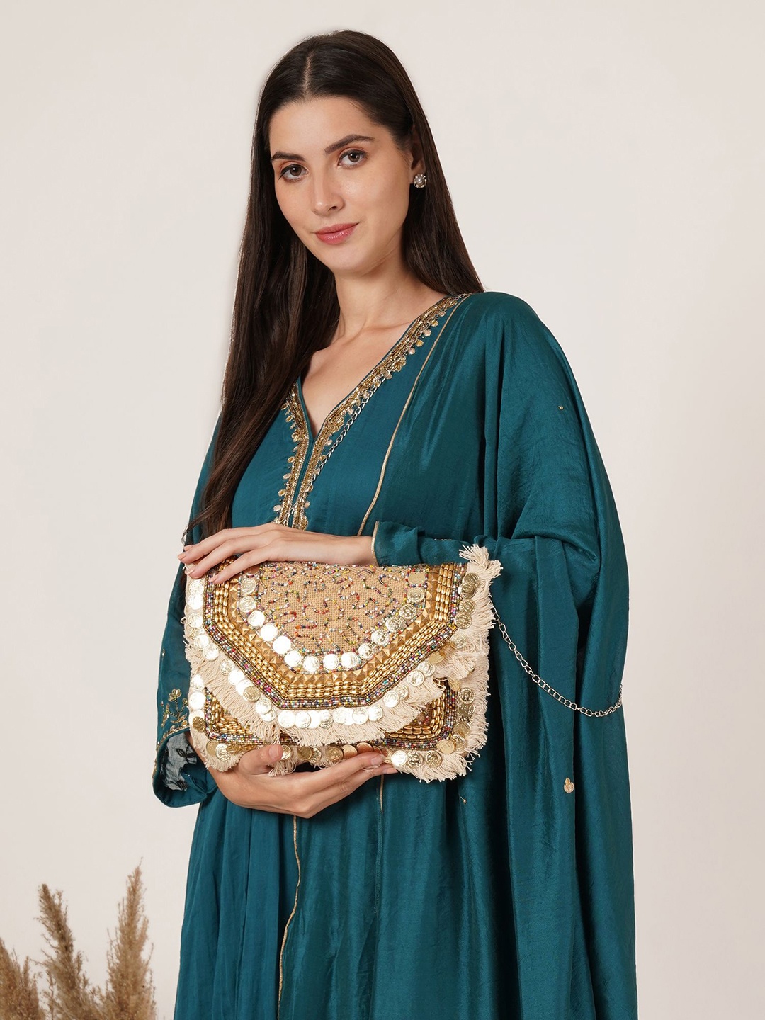 

FABBHUE Embroidered Foldover Clutch, Beige