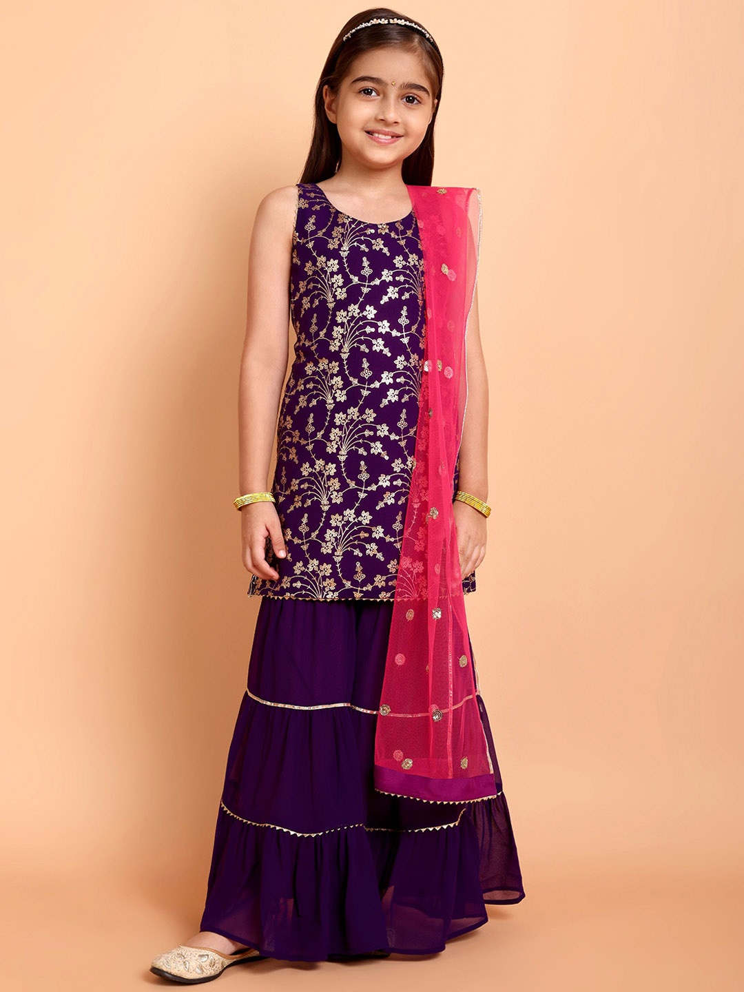 

Sangria Girls Printed Kurta Sets With Sharara & Dupatta, Purple