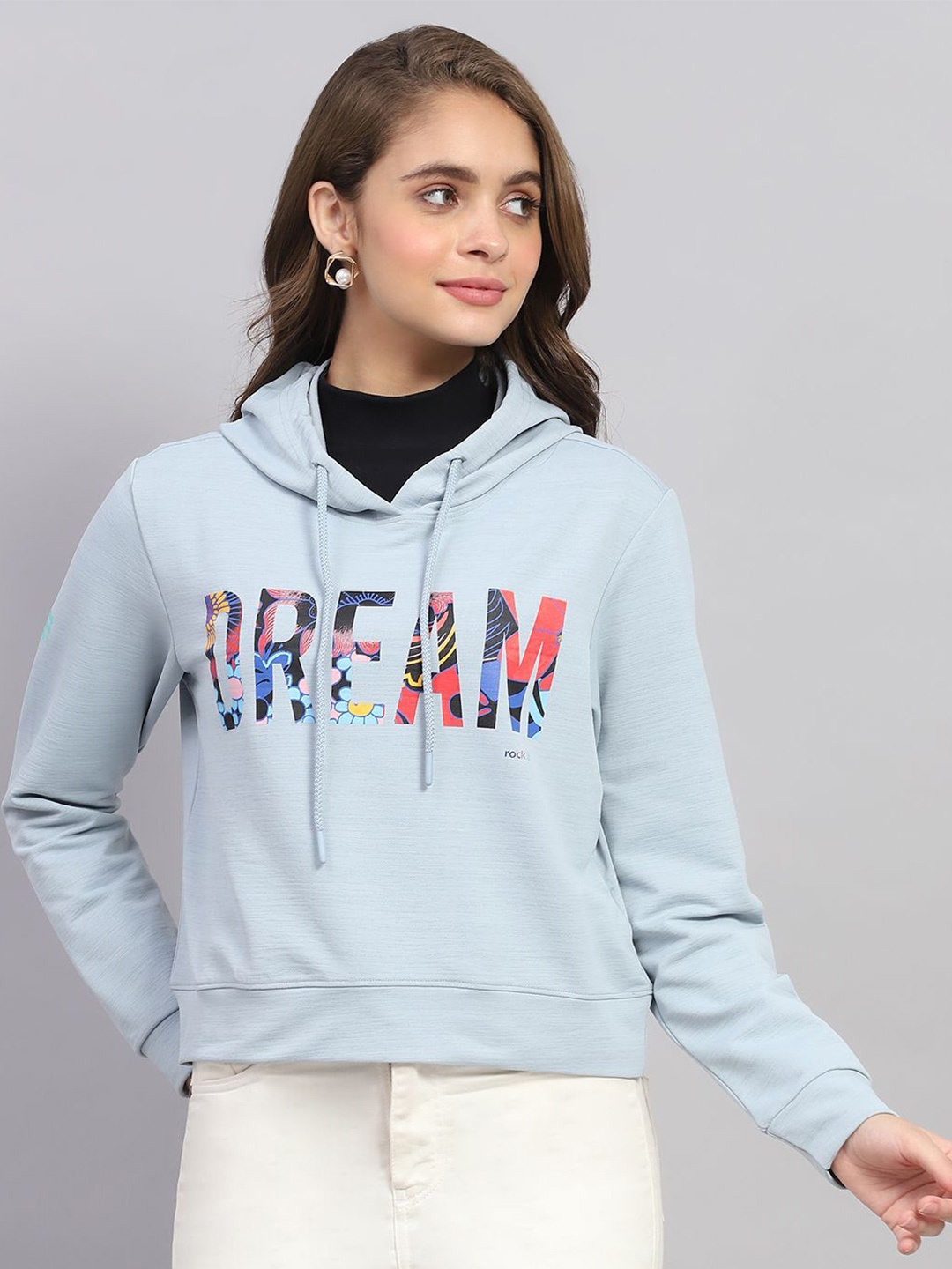 

rock.it Women Typography Printed Hooded Sweatshirt, Blue
