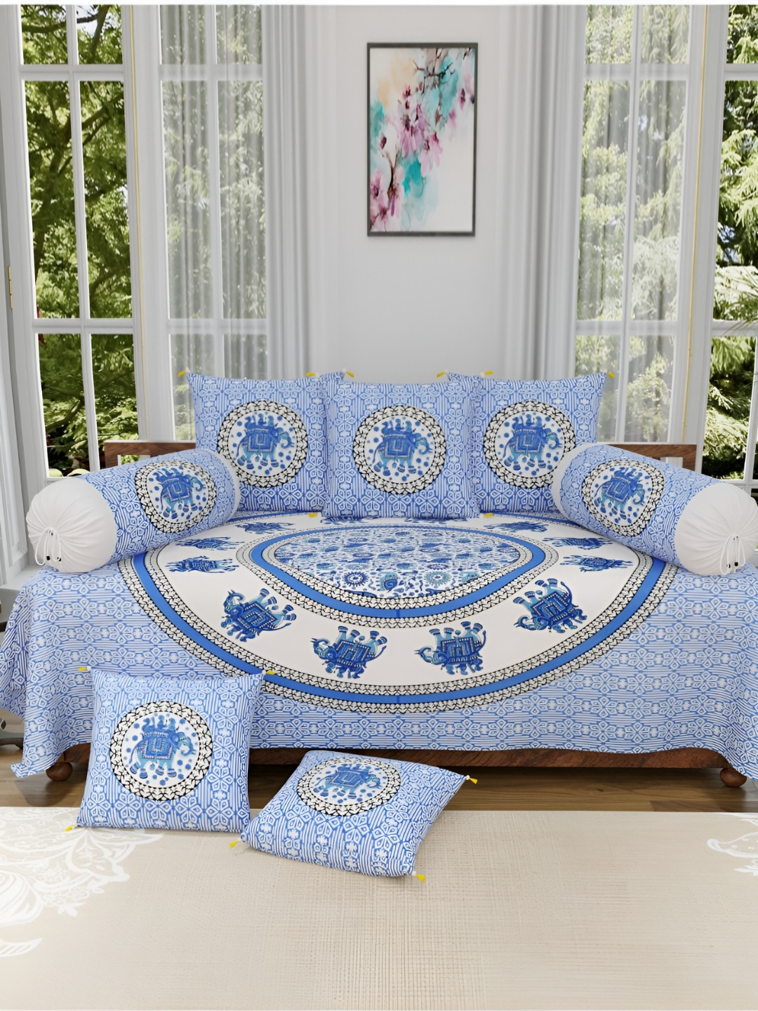 

The Craft Monk White & Blue 8 Pieces Floral Printed Pure Cotton Diwan Set