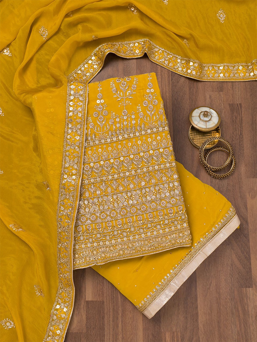 

Koskii Embroidered Silk Crepe Unstitched Dress Material, Yellow