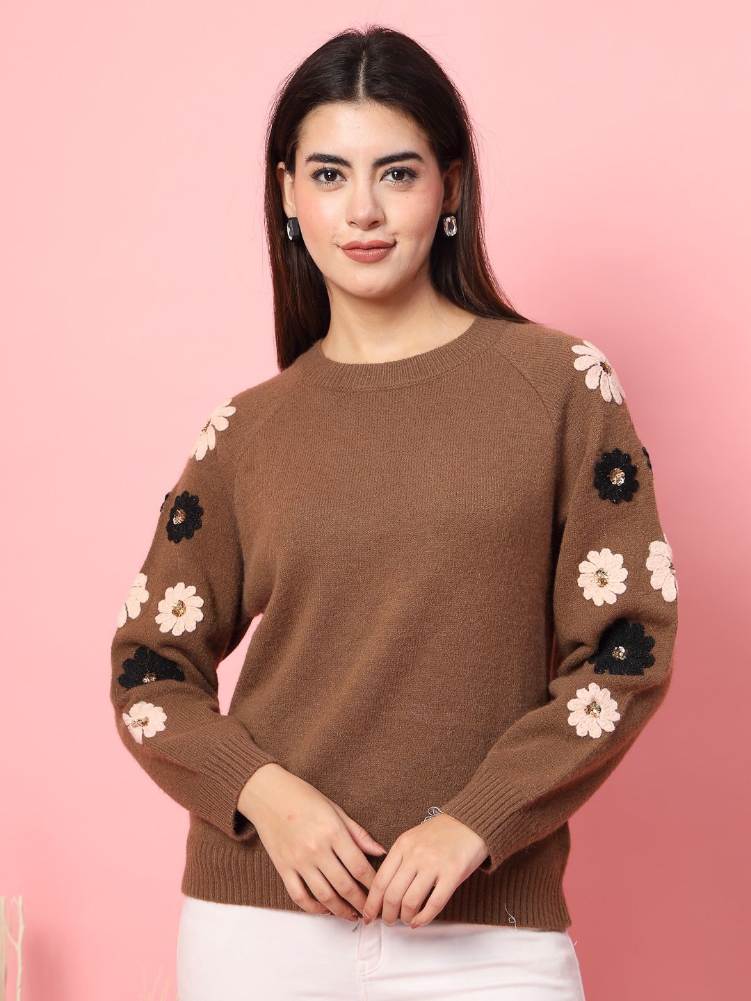 

Mafadeny Women Solid Pullover Ribbed Floral Applique Sweaters, Brown