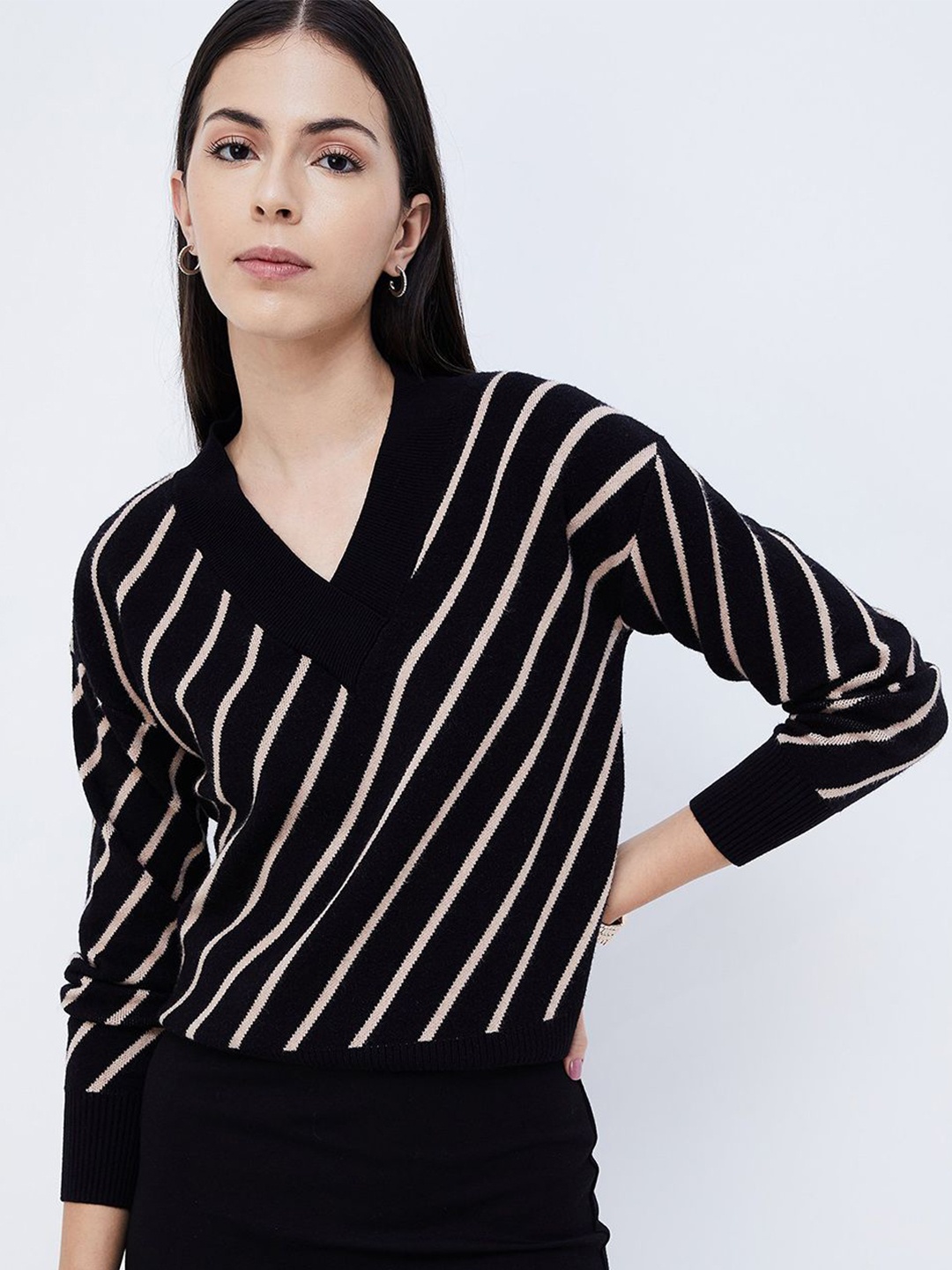 

CODE by Lifestyle Women Vertical Striped V-Neck Top, Black