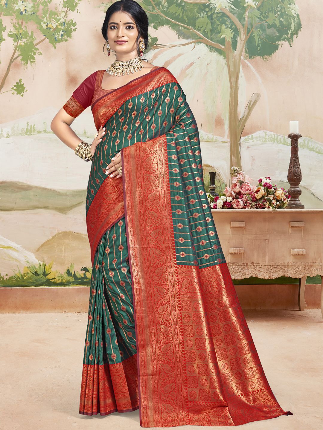 

SANGAM PRINTS Ethnic Motifs Woven Design Zar Tussar Saree, Blue