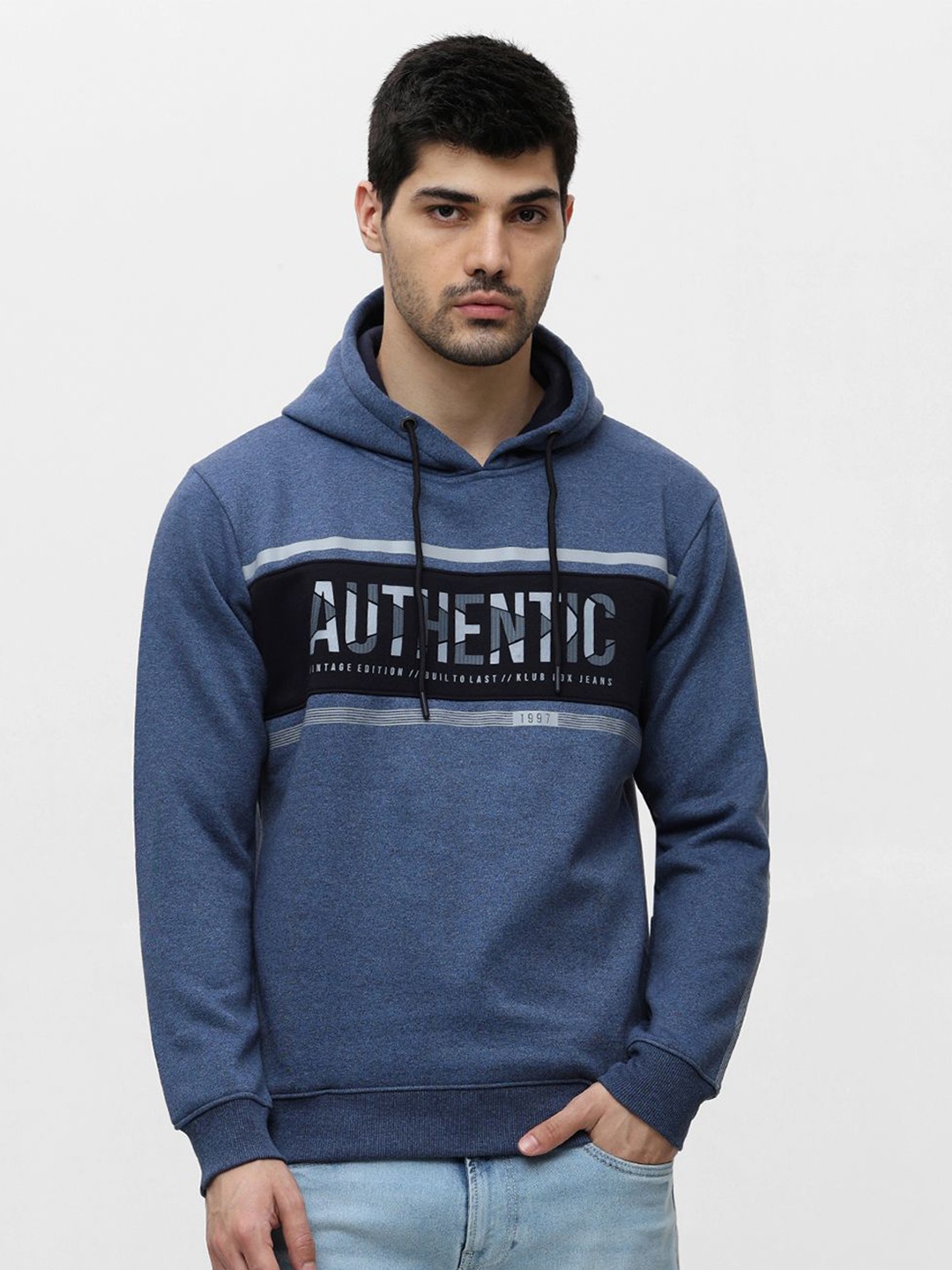 

Klub Fox Men Typography Printed Hooded Pullover Sweatshirt, Navy blue