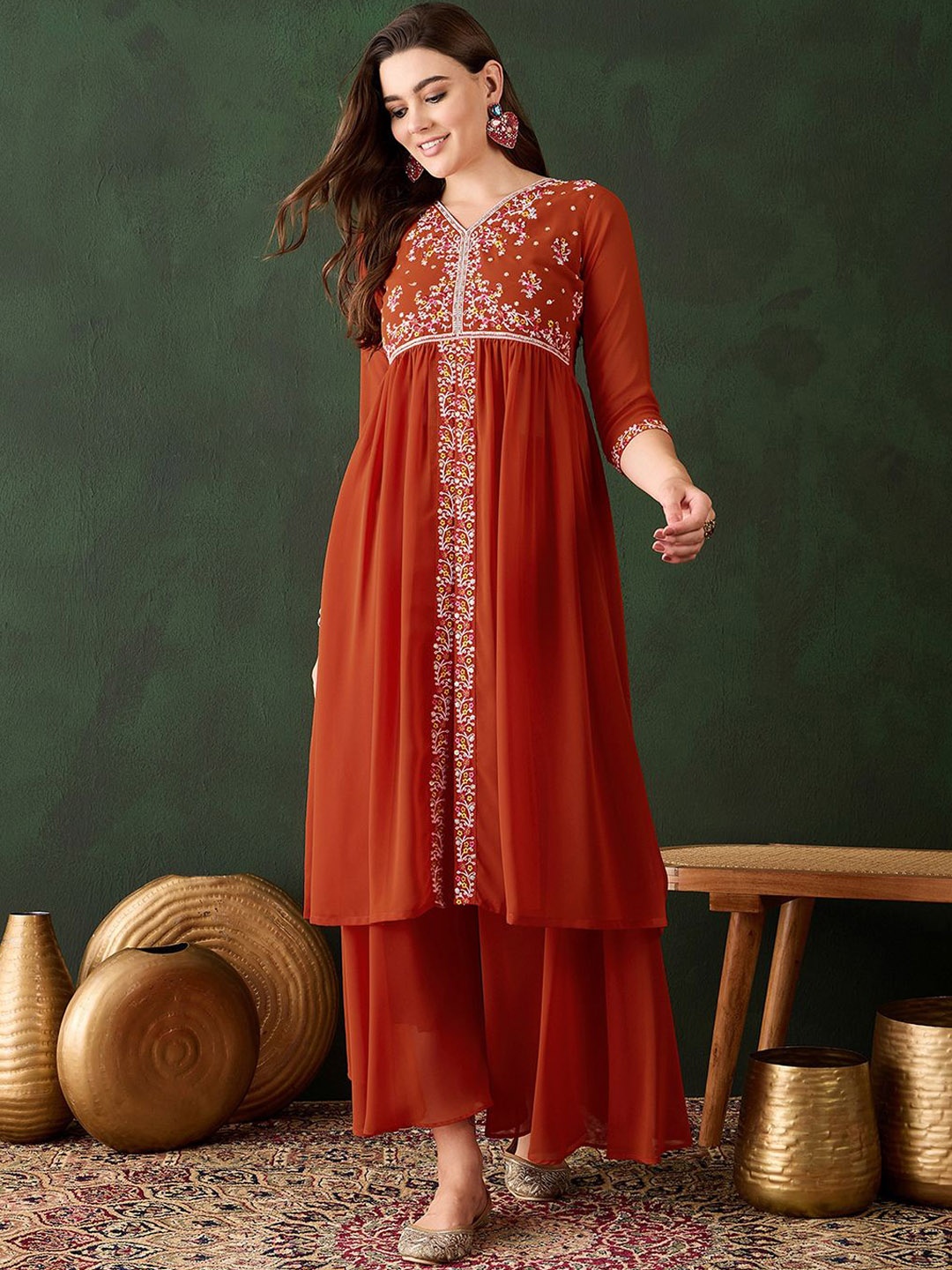 

Sangria Women Embroidered A-Line Kurta With Palazzos, Orange