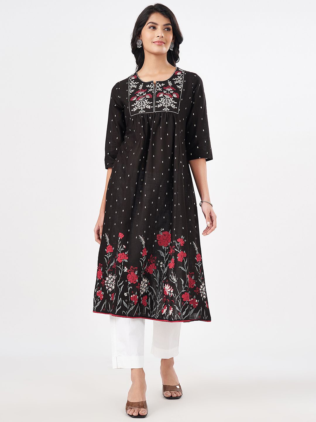 

RANGMANCH BY PANTALOONS Women Printed Thread Work Anarkali Kurta, Olive