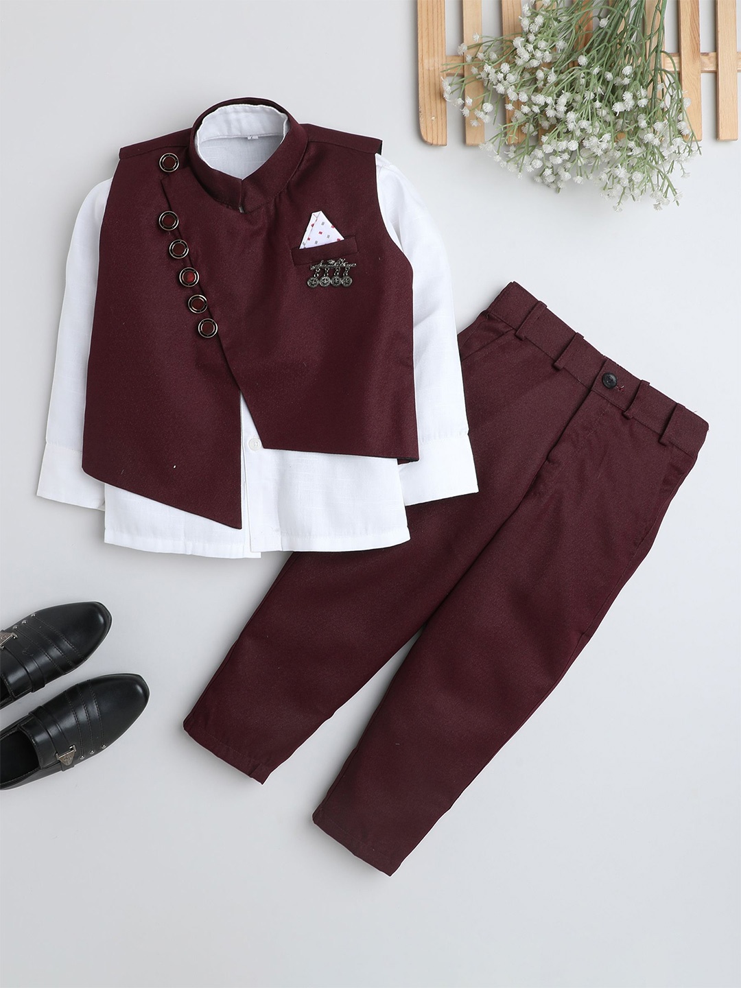 

BAESD Boys 3-Piece Single-Breasted Waistcoat Trouser Shirt Suit, Maroon