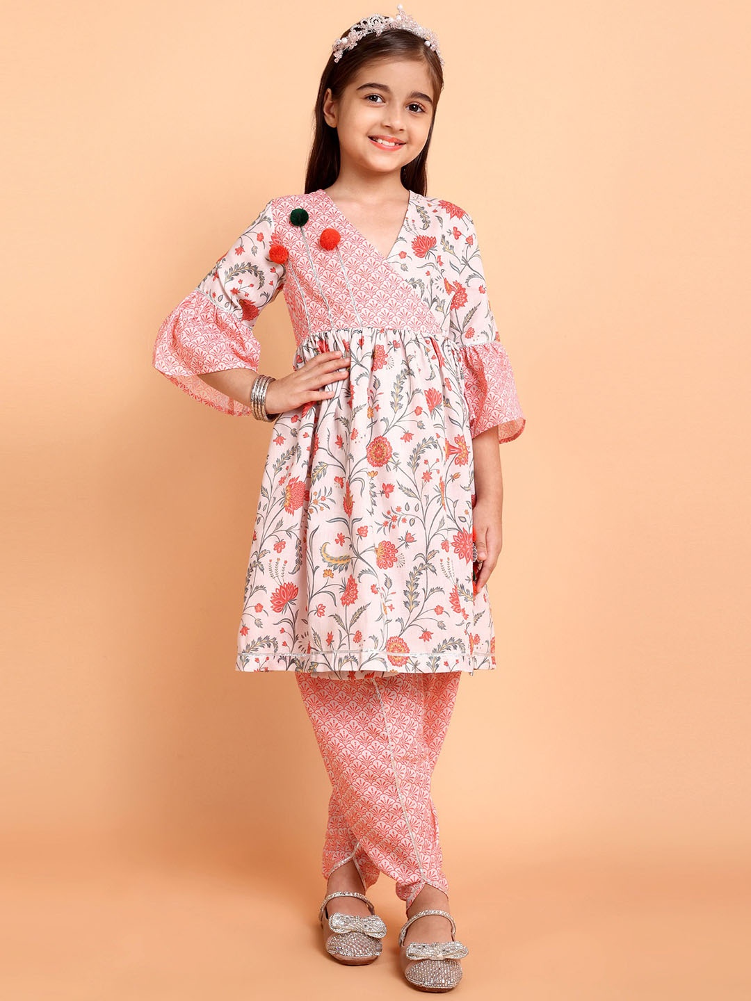 

Sangria Girls Floral Printed Angrakha Gotta Patti Kurta with Dhoti Pants, Orange
