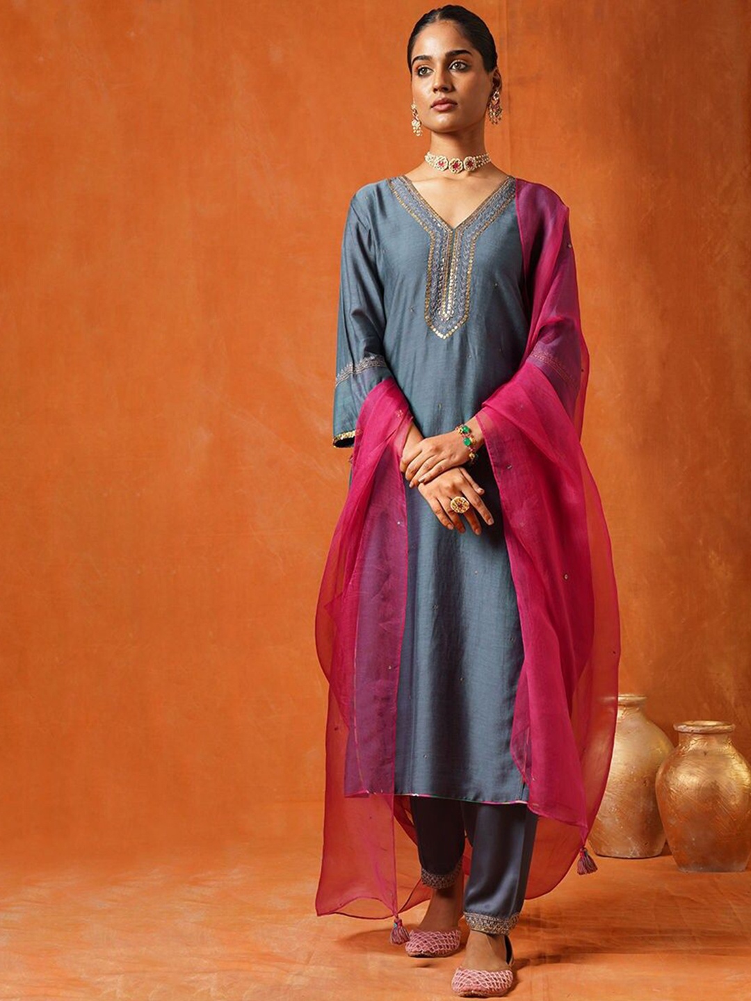 

JAYPORE Floral Embroidered V-Neck Sequin Work Cotton Silk Kurta & Trousers & Dupatta, Blue