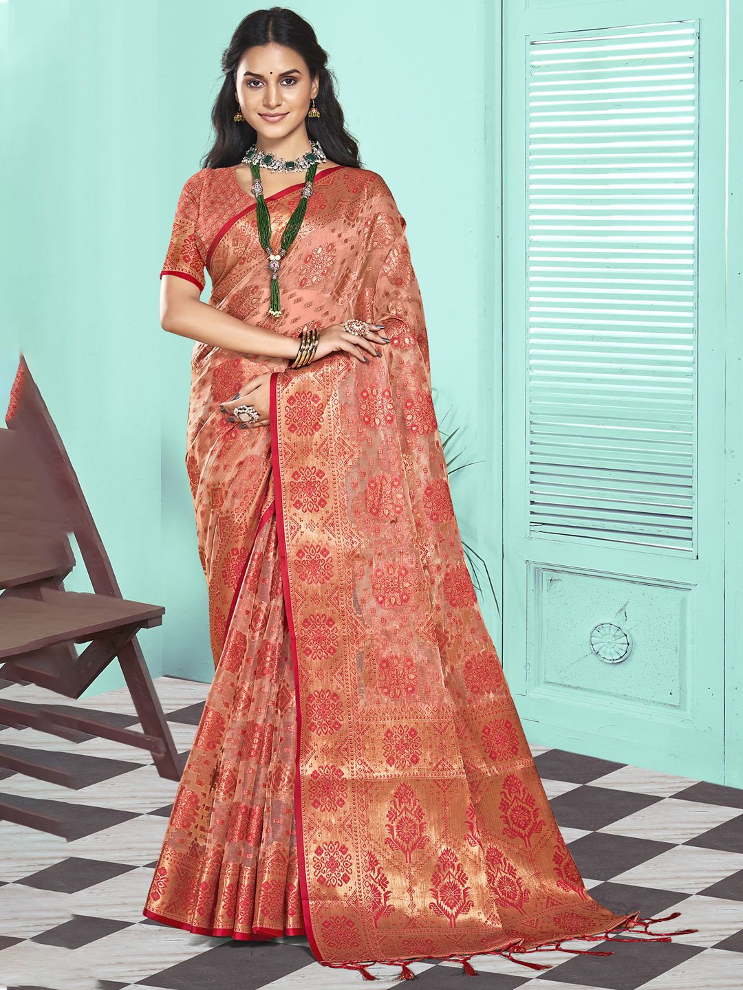 

SANGAM PRINTS Woven Design Zari Organza Tussar Saree, Peach